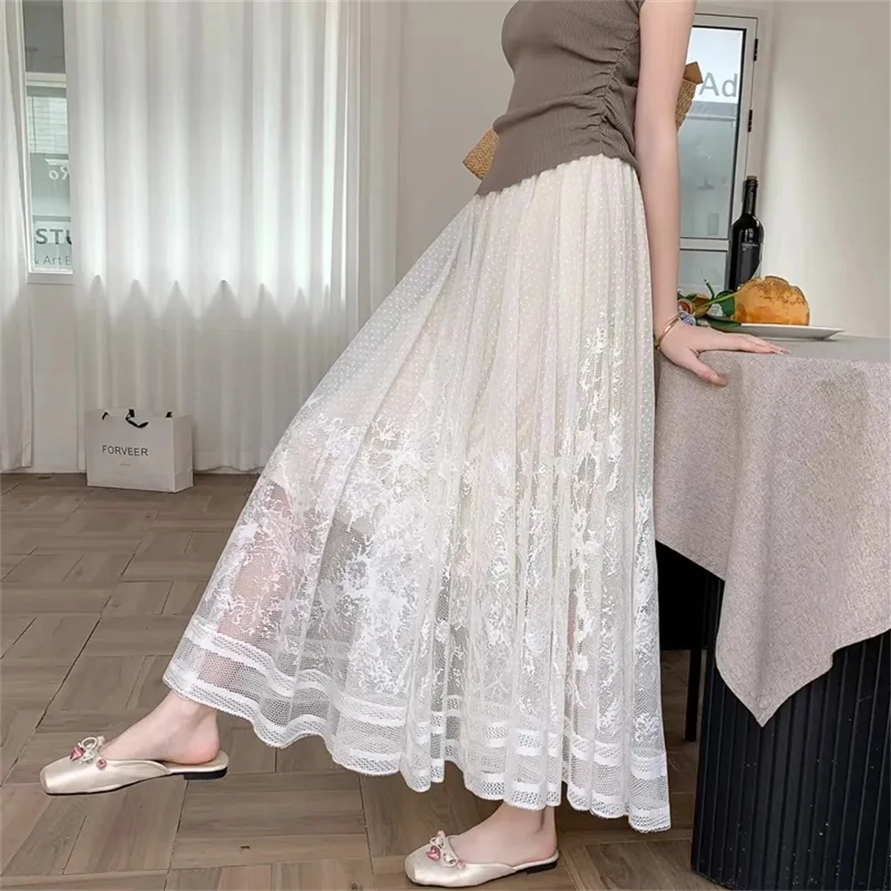 Elegant Spring Autumn Mesh Pleated Lace Skirt Women Flowy High Waist A-Line Midi Skirt With Hollow Out Design & Full Swing