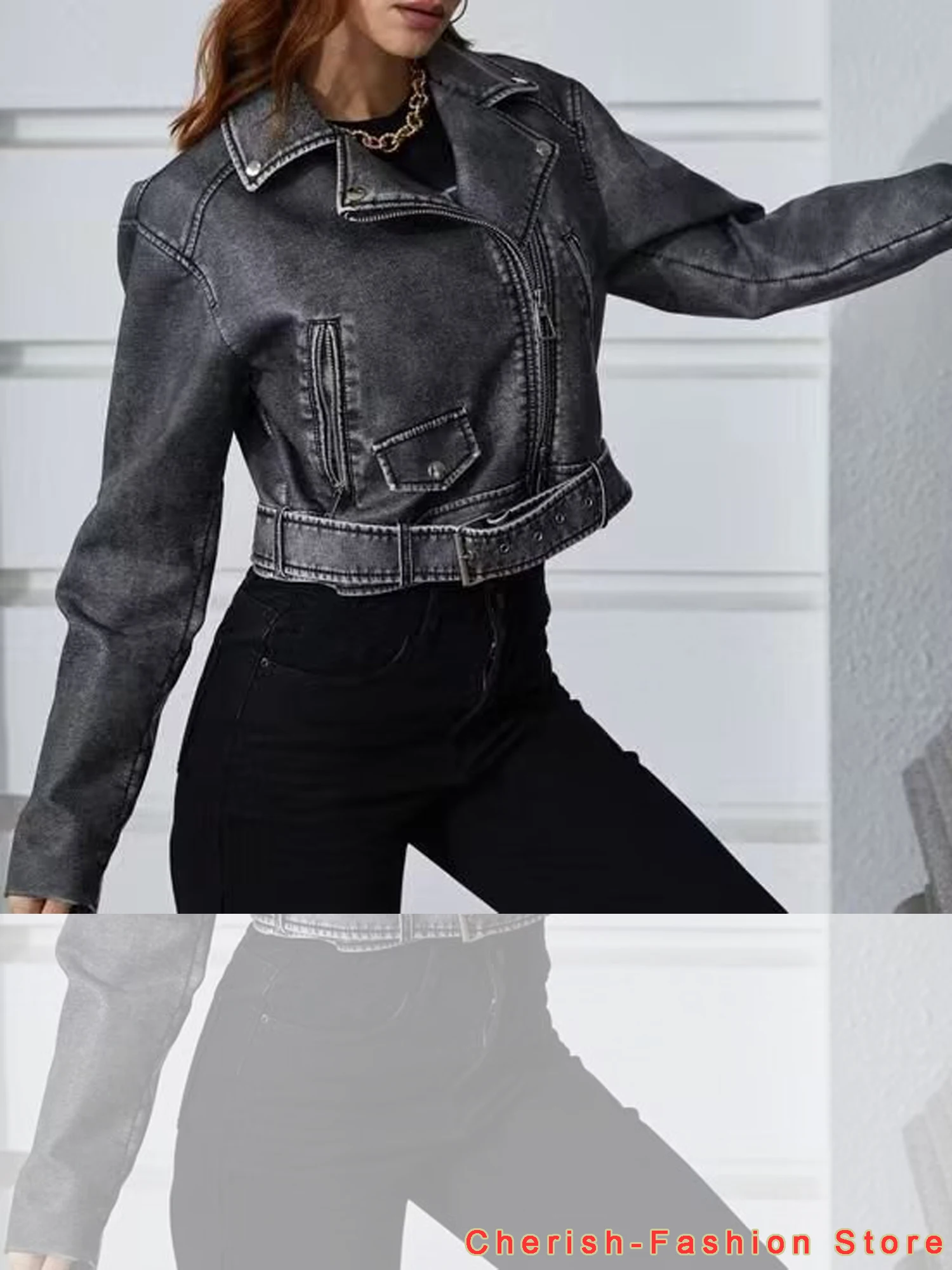 2023 New Autumn Women Vintage Bomber Washed PU Faux Leather Jackets Ladies Gradient Zipper Motor Biker Gray Leather Jacket Short