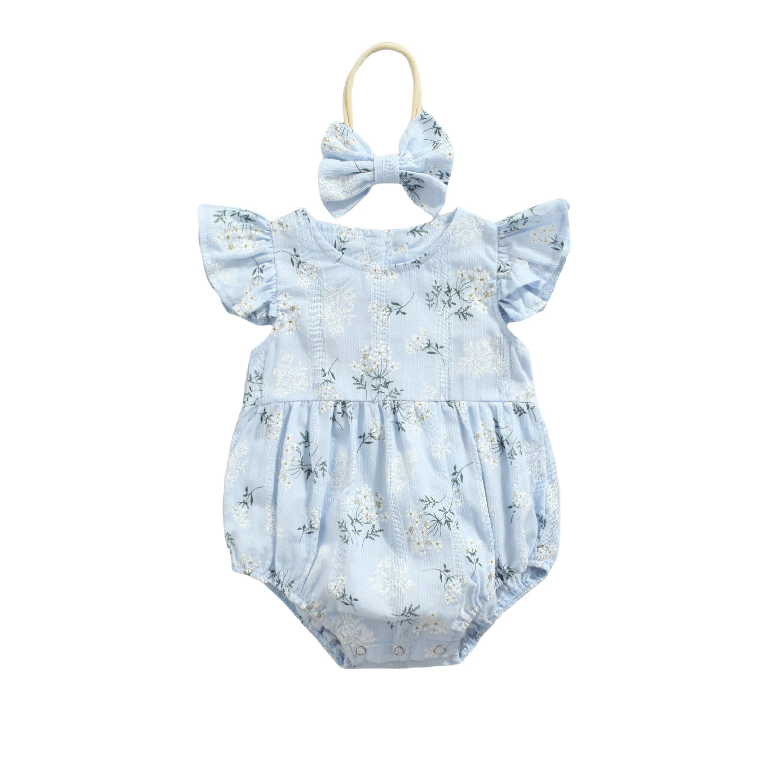 Baby Romper with Hairband Kids Floral Print Round Neck Fly Sleeve Bodysuit+ Headband for Summer Blue/Yellow 0-24 Months