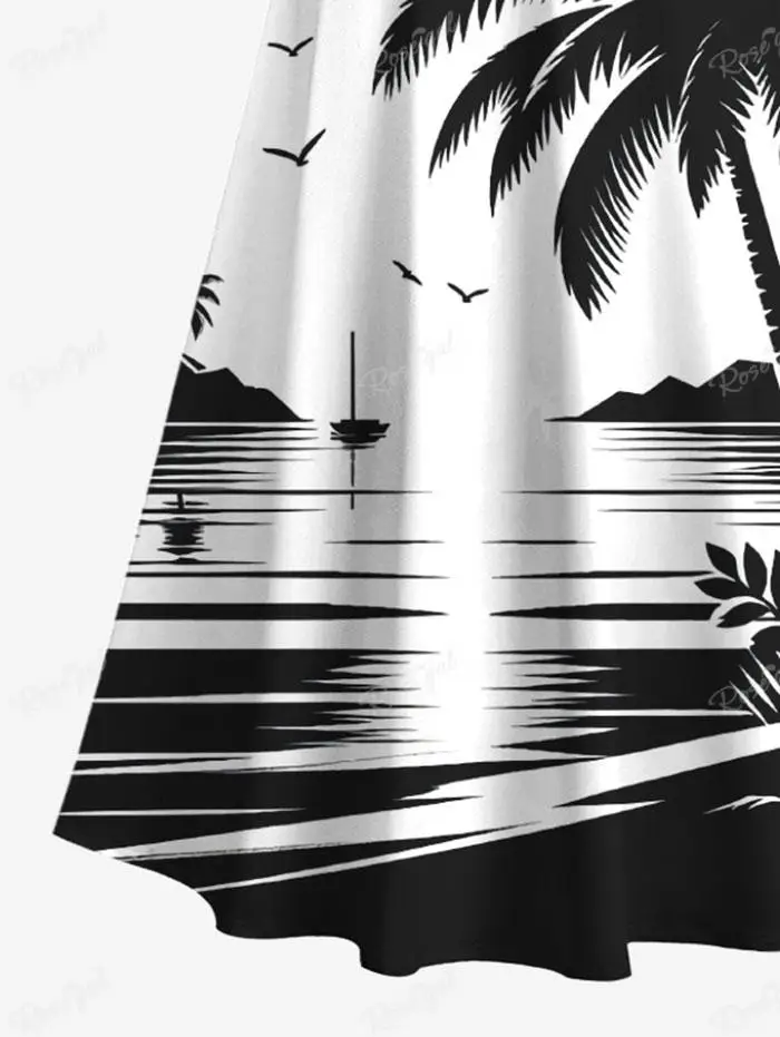 S-3XL Women\'s Dresses And Men\'s Shirt Ink Painting Coconut Tree Sun Sea Bird Print Hawaii Beach Outfit Matching Set For Couples