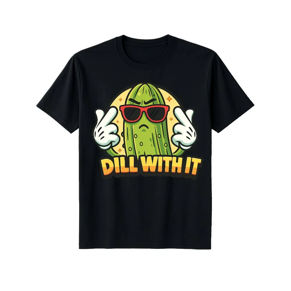 

Мужская футболка с забавным принтом "DILL with IT" и изображением маринованных огурцов - черная, с круглым вырезом, коротким рукавом, летняя, с мультяшным рисунком.