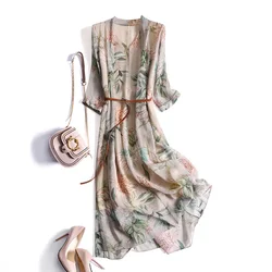 Fashion 100% Silk Woman Dress Summer 2024 Floral Maxi Dress Female Elegant Dresses For Women Casual Vestido De Mujer Pph4783