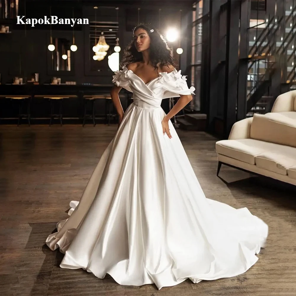 

Elegant Long Satin Wedding Dresses A-Line Off the Shoulder Floor-Length Brides Dress for Women Custom Made vestidos de novia
