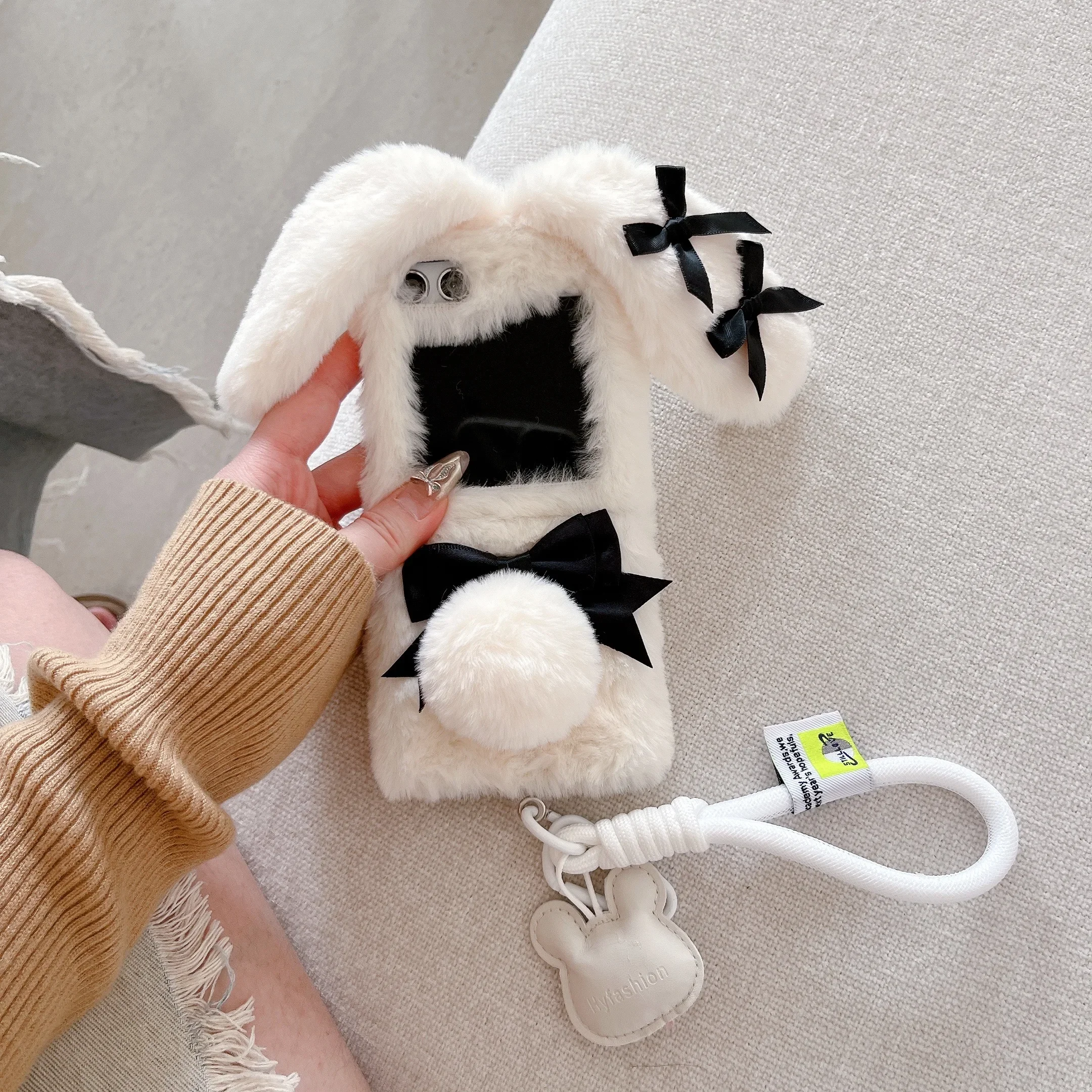 For Galaxy Z Flip 6 5 4 3 bowknot Maid Bunny Folding Plush Phone Case with Lanyard Phone protective jacket