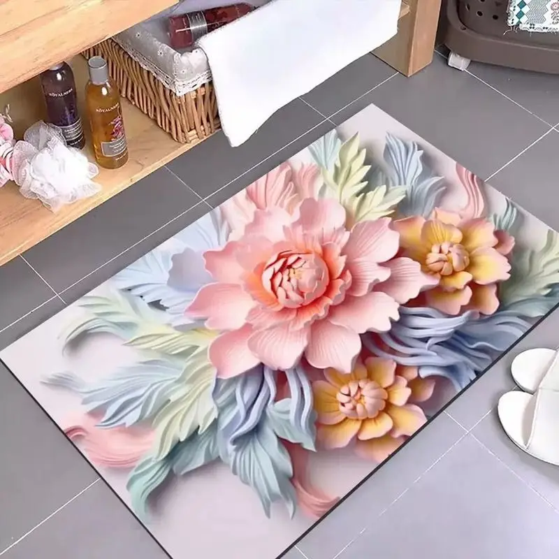 3d Flower Pattern Bath Mat Diatom Mud Quick Drying Floor Mat Toilet Rug Super Absorbent Bathroom Carpet Non Slip Home Room Decor