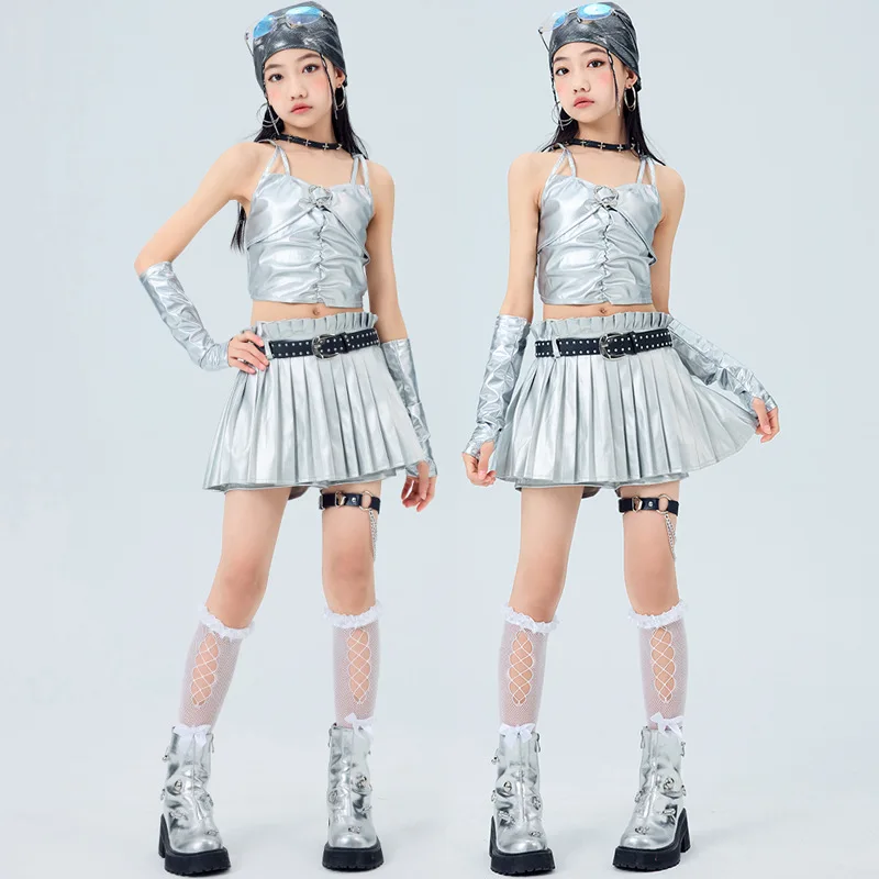 Hip Hop Girls Shiny Tank Top Silver Skirt Street Dance Pants Kids K-pop Streetwear Costume Children Jazz Girl Group Clothes Sets