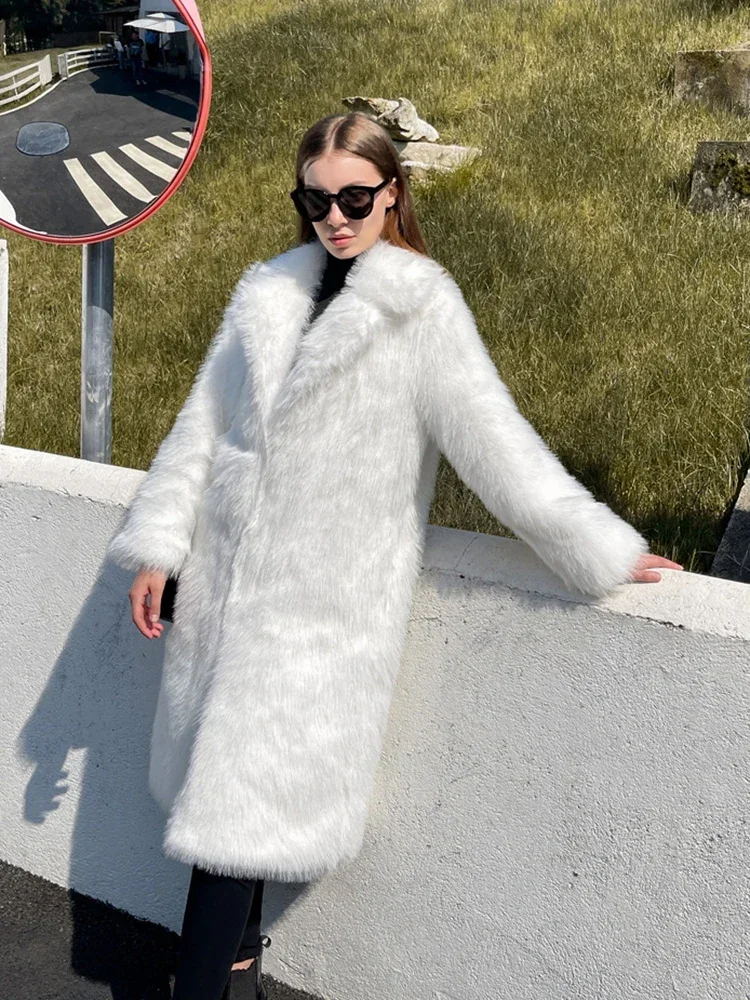 2024 Winter Fluffy Jacket Ladies Furry Warm Pink White Jacket Trench Coats Tops Women Solid Lapel Long Faux Fox Fur Coat