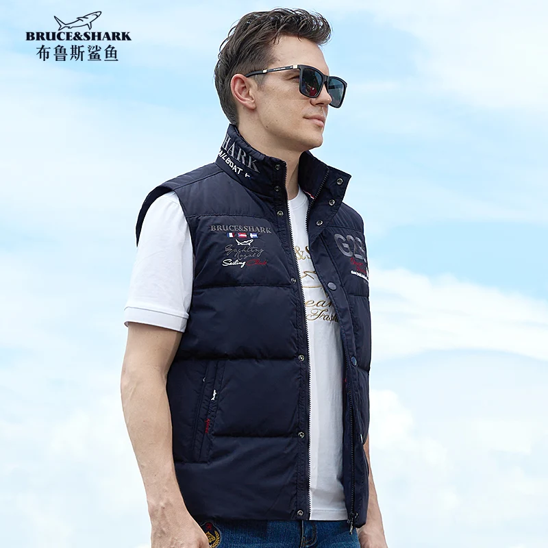 

New Winter Down-Feather Men Vest Bruce&Shark 70% Duck Casual Fashion Business Top Embroidery Winter Style Coat Size M TO 3XL