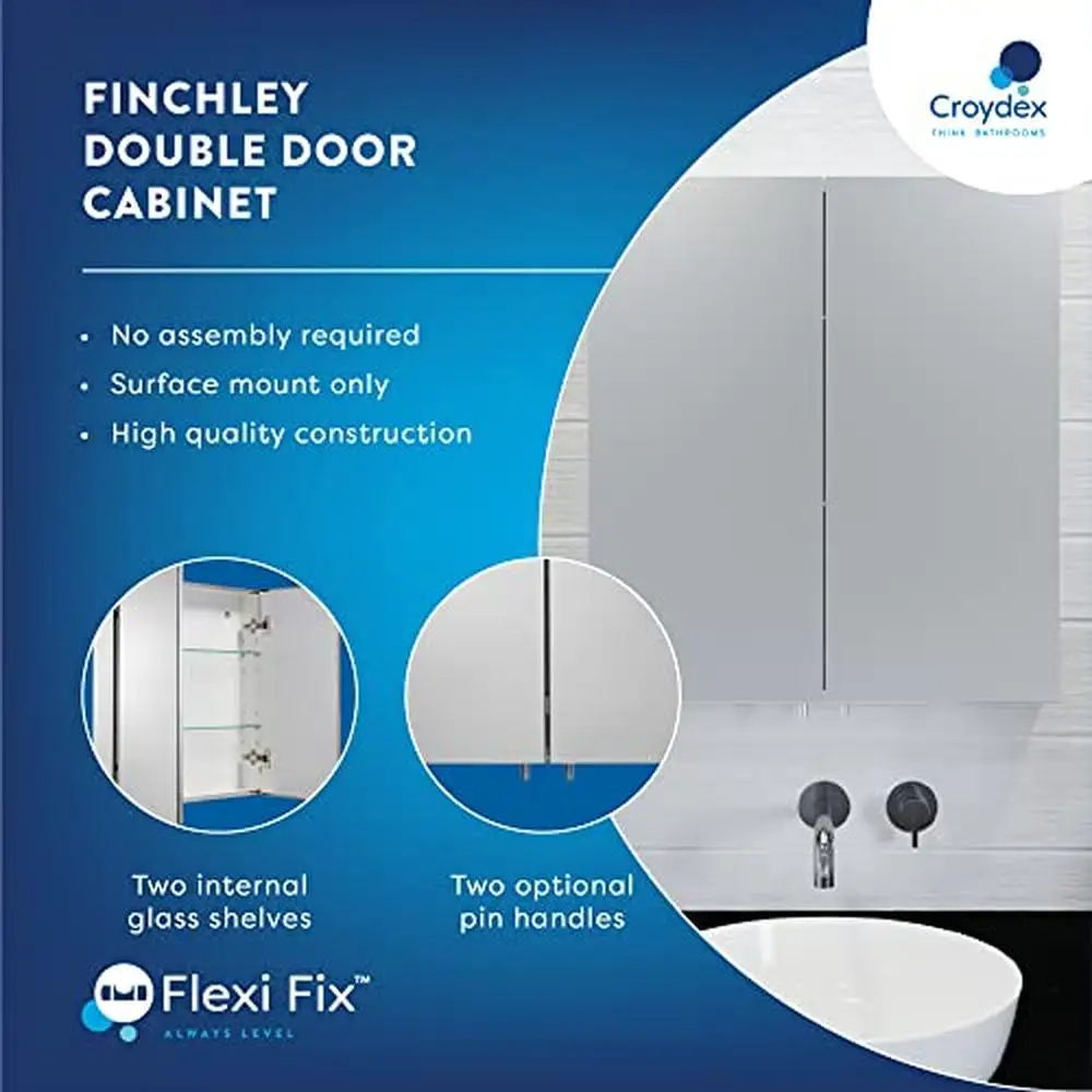 Flexi-fix-armario de Medicina de doble puerta con estante ajustable, acero inoxidable, 24 "x 26", fácil instalación, manijas de pasador de vidrio sin manchas