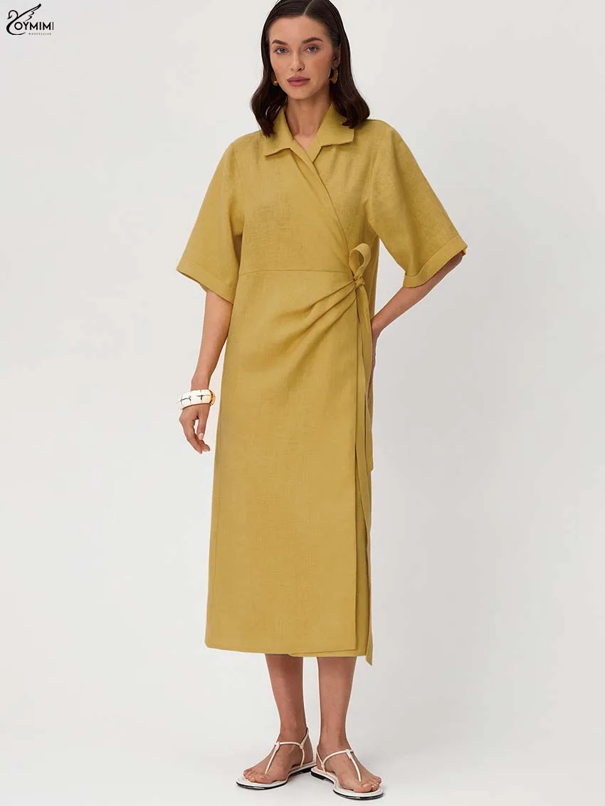 

Oymimi Elegant Yellow Cotton Womens Dresses Casual Lapel Half Sleeve Lace-Up Dresses Fashion Straight Mid-Calf Dress Streetwear