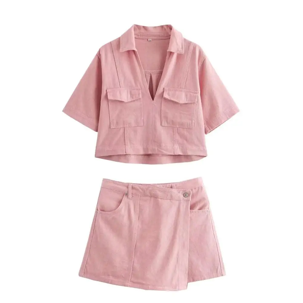 

Fashion Short Sleeve Top Solid Color Sexy Miniskirt Button-Down Shirt Spice Girls Everything Mini Skirts Party Skirt Suit