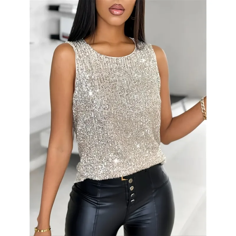 

Плюс размер 1XL-5XL, новые женские универсальные модные майки с блестками, женский повседневный жилет без рукавов с круглым вырезом