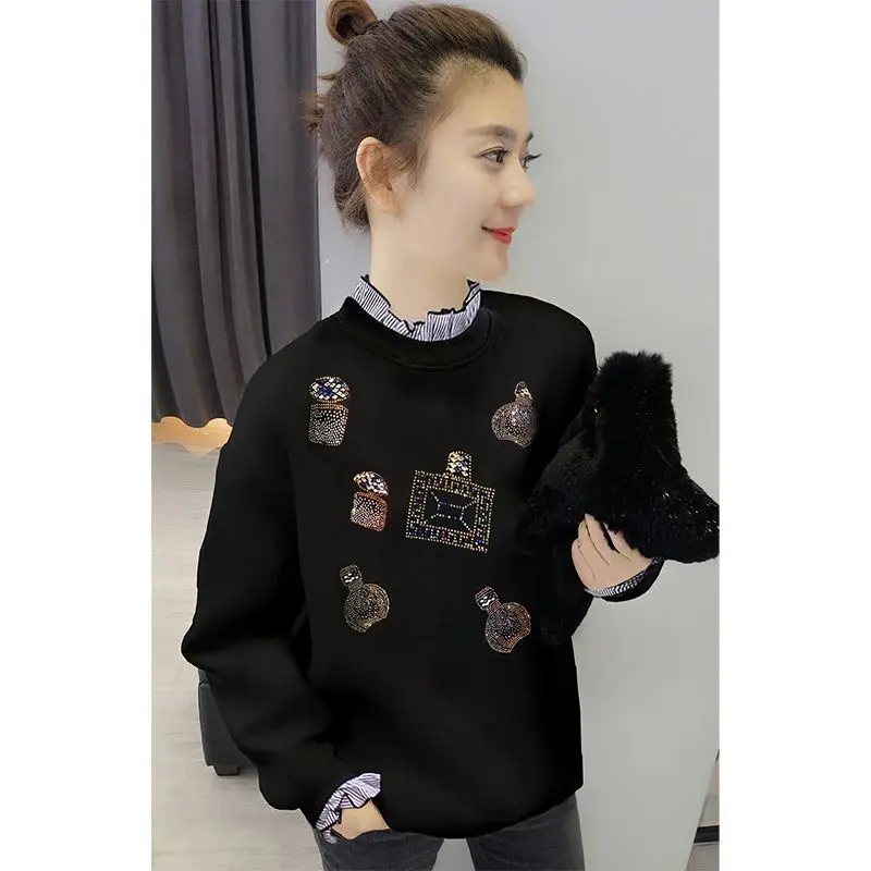 Frühling Herbst reine Baumwolle Diamanten Harajuku Sweatshirt Dame Patchwork lässig y2k weibliche Kleidung Langarm Mode Tops Frauen