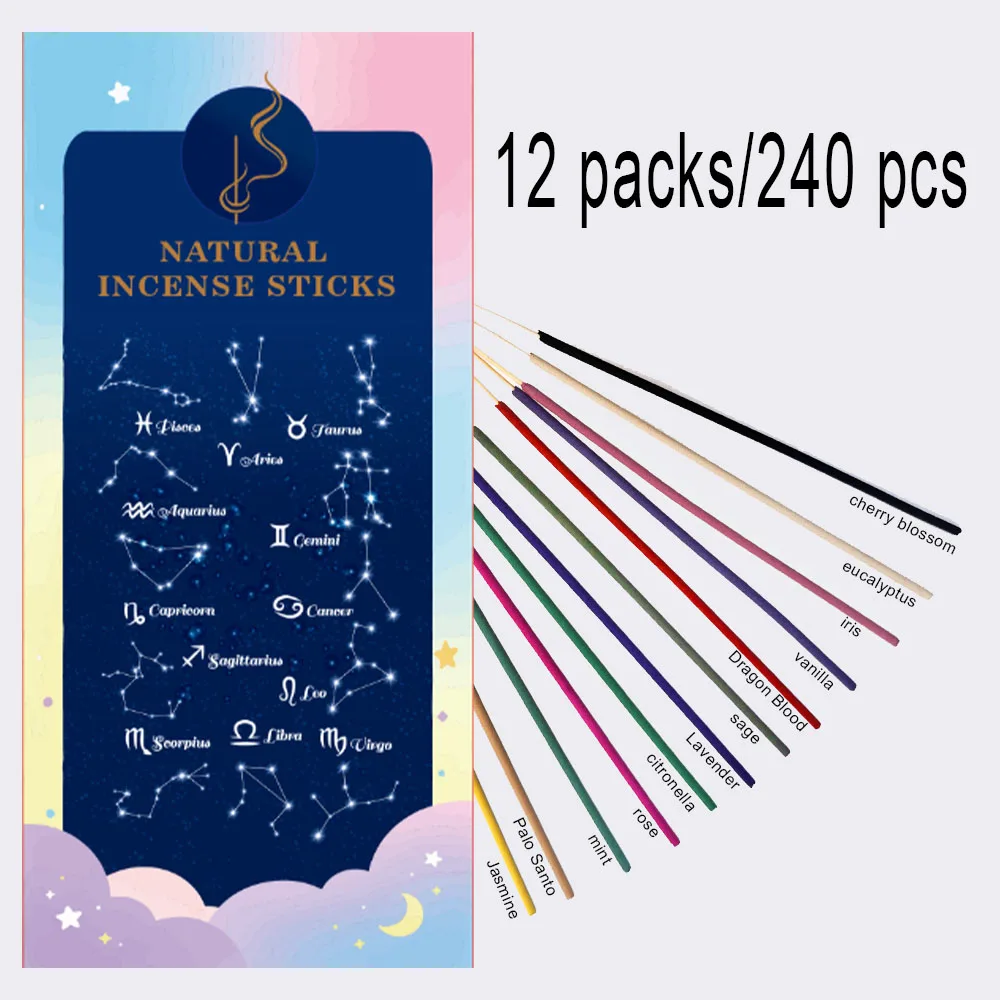 High-Quality 12-Pack Starry Sky Constellation Incense Sticks, 240 Sticks in Total, Long-Lasting Anti-Bite Incense, Includes: Cherry Blossom, Eucalyptus, Iris, Vanilla, Dragon Blood, Sage, Lavender, Lemongrass, Rose, Mi