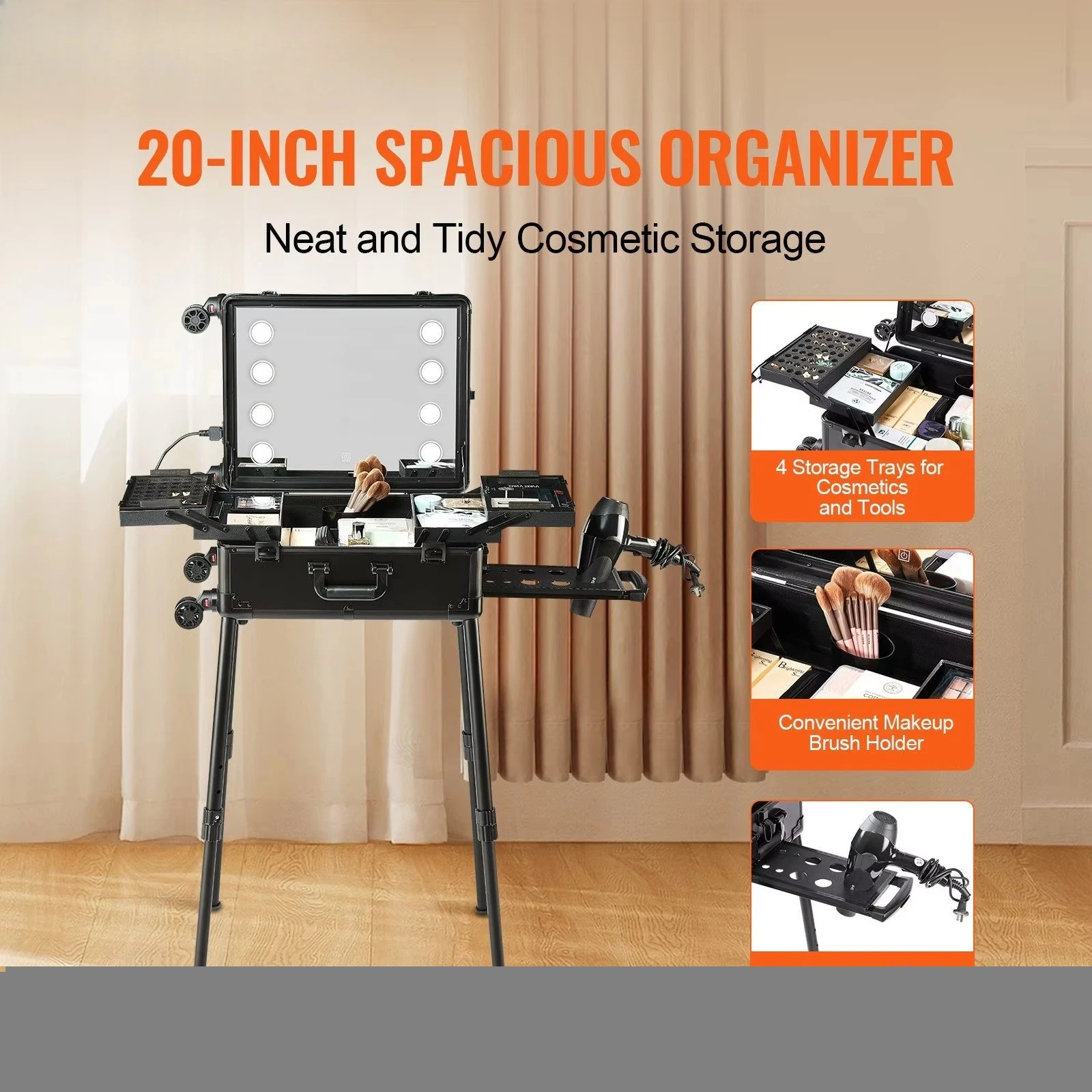 Professional artist trolley studio freestanding case makeup train case lock luminous mirror 4 storage trays brush holder