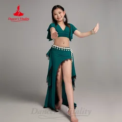BellyDance Practice Clothes for Kid V-neck Short Sleeved Top+Lace Split Long Skirt 2pcs Girls Oriental Dance Training Clothing