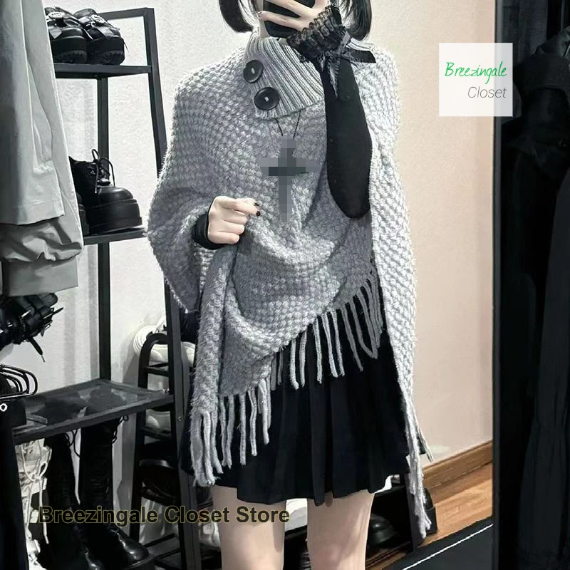 

Korean atmosphere fringed shawl cloak sweater female autumn and winter niche temperament young fashion sweater female pullover