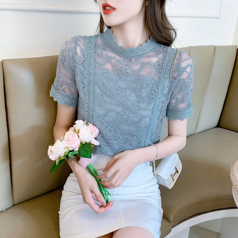 New Fashion Summer Short Sleeve Stand Collar Women Blouse White Lace Blouse Shirt Women Tops Blusas Mujer De Moda 2024 Blusa F51