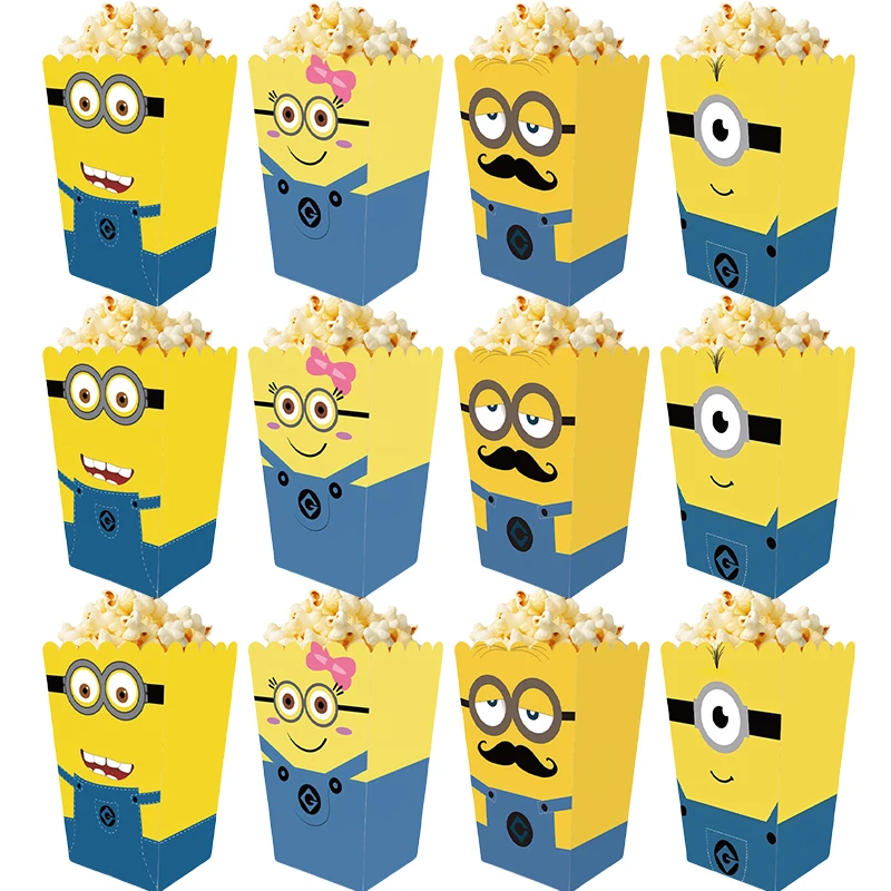 12PCS Minions Candy Popcorn Box Cookies Chocolate Snacks Boxes Boy Girl Birthday Party Popcorn Box Supplies Gifts Kraft Boxes