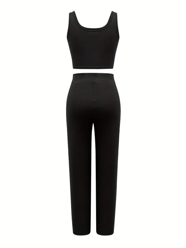 Damen 2-Teiliges Outfit Ärmelloses U-Ausschnitt Crop Tanktop Hochgeschnittene Weite Hose Set Einfarbiger Lässiger Lounge-Trainingsanzug Streetwear – Detail 4