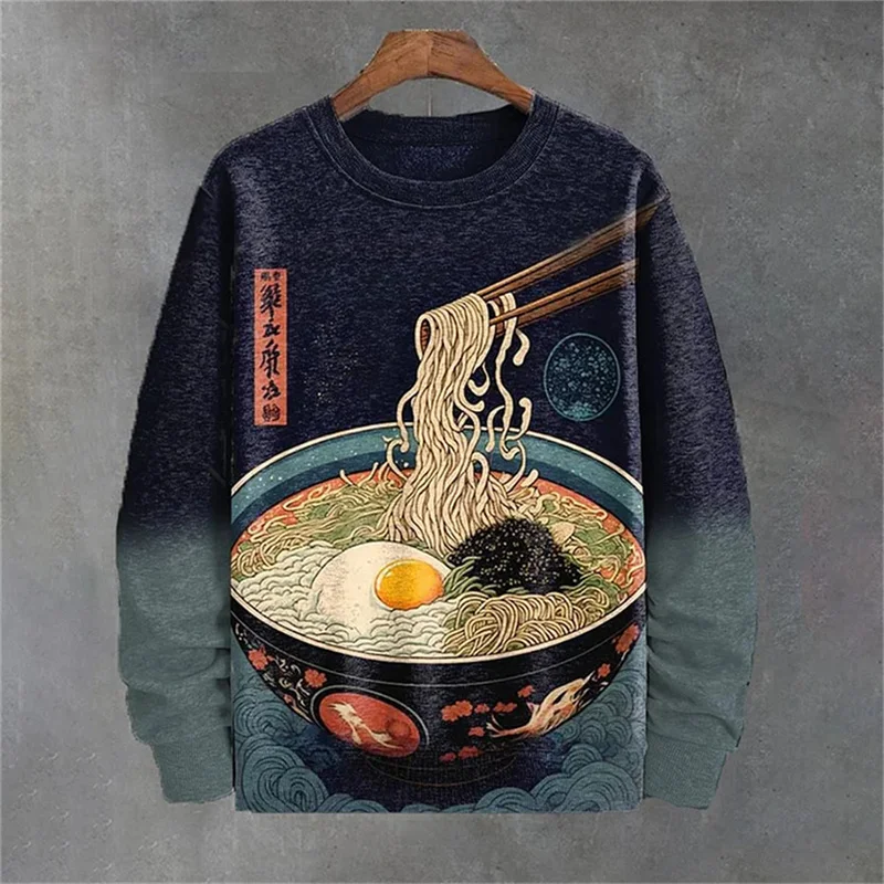 Japanese Ukiyo-e Pattern Sweatshirts For Men Sea Wave Ramen 3D Printed Pullover Autumn Oversized O-Neck Hoodies Long Sleeves