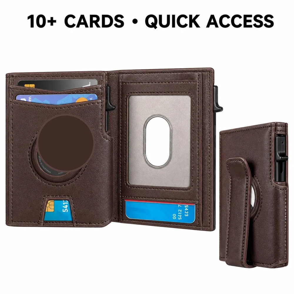 Compact Bifold Wallet for Men, One-Touch Pop-Up Card Case with RFID Protection, Money Clip, ID Window and Locator-Ready Holder