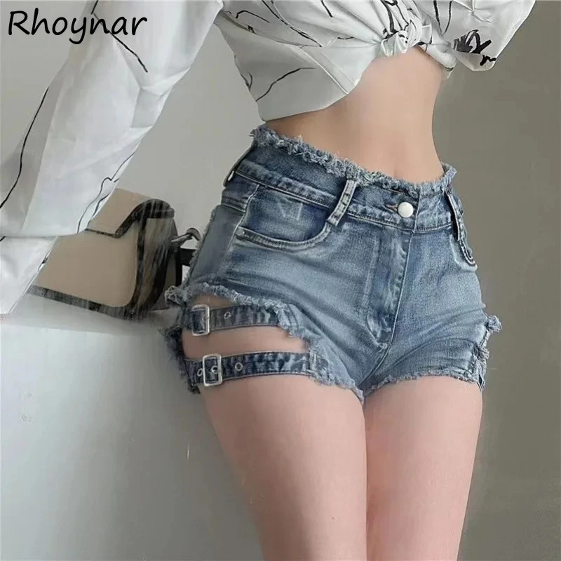 Summer Shorts Women Denim Sexy Mini High Waist Fur-lined American Retro Ripped Vintage Hollow Out Night Club Hot-sweet Girls