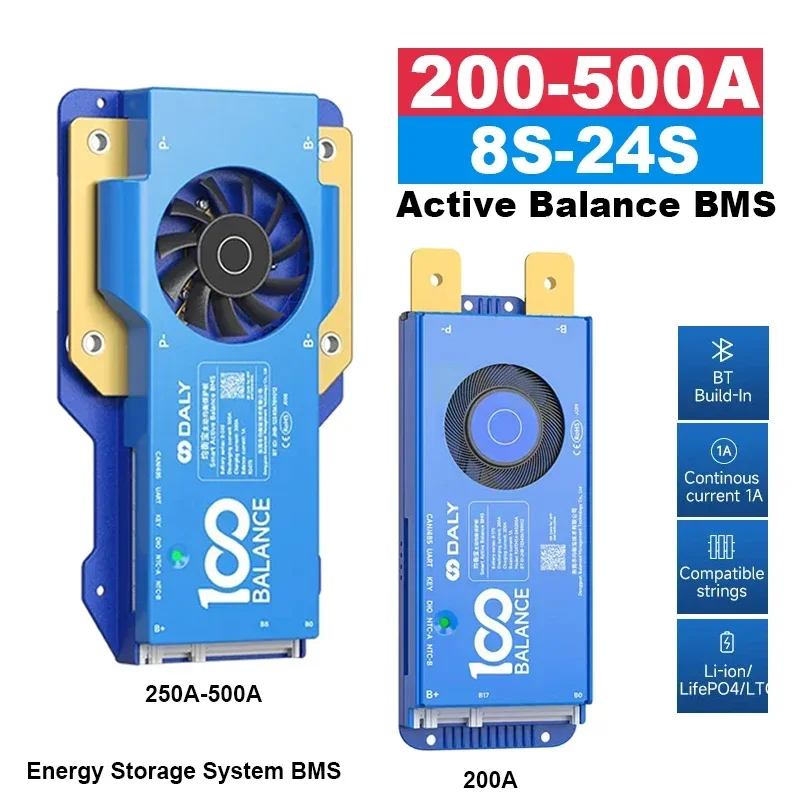 Active Balance Smart BMS with Cooling Fan 4-24S 250-500A LiFePo4 Li-ion LTO Energy Storage Lithium Battery Protection Board