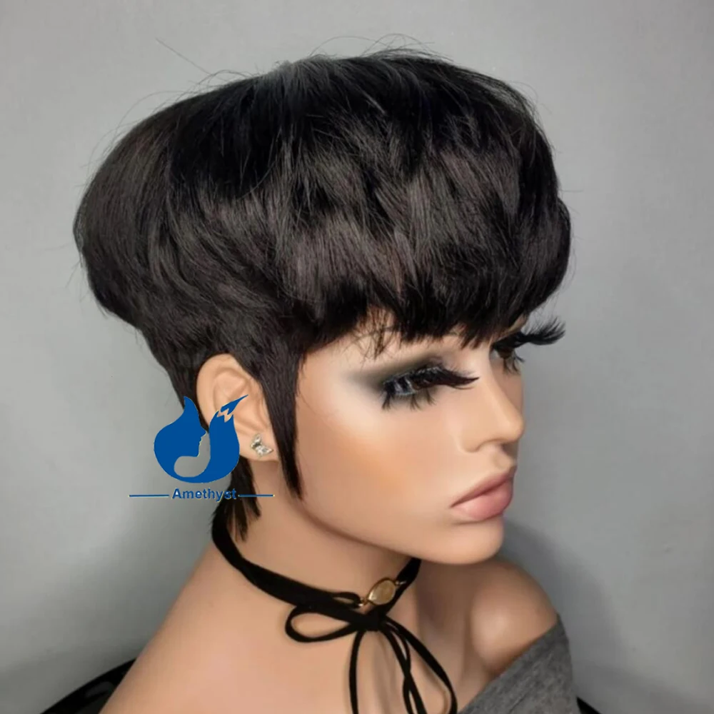 Rambut manusia potongan pendek Pixie dengan sorot poni Wig depan Ombre 30 kulit kepala pirang atas lurus pendek Wig sutra dasar tidak ada renda Wig f
