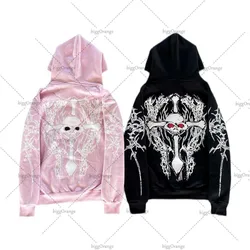 Trendy Gothic Rock Bone Print Oversized Hoodie Men's Retro Spring Autumn Street Hip-Hop Loose Zipper Sweatshirt Women's