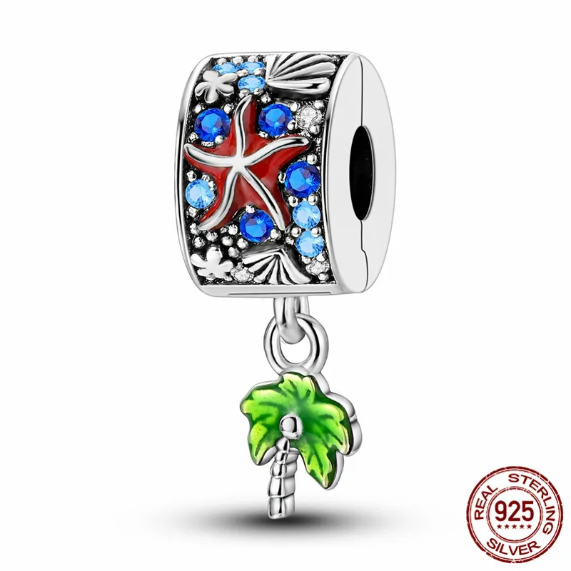 

925 Sterling Silver Seashell and Coconut Tree Charm Beads for Original Handmade Bracelets, Women's DIY Jewelry