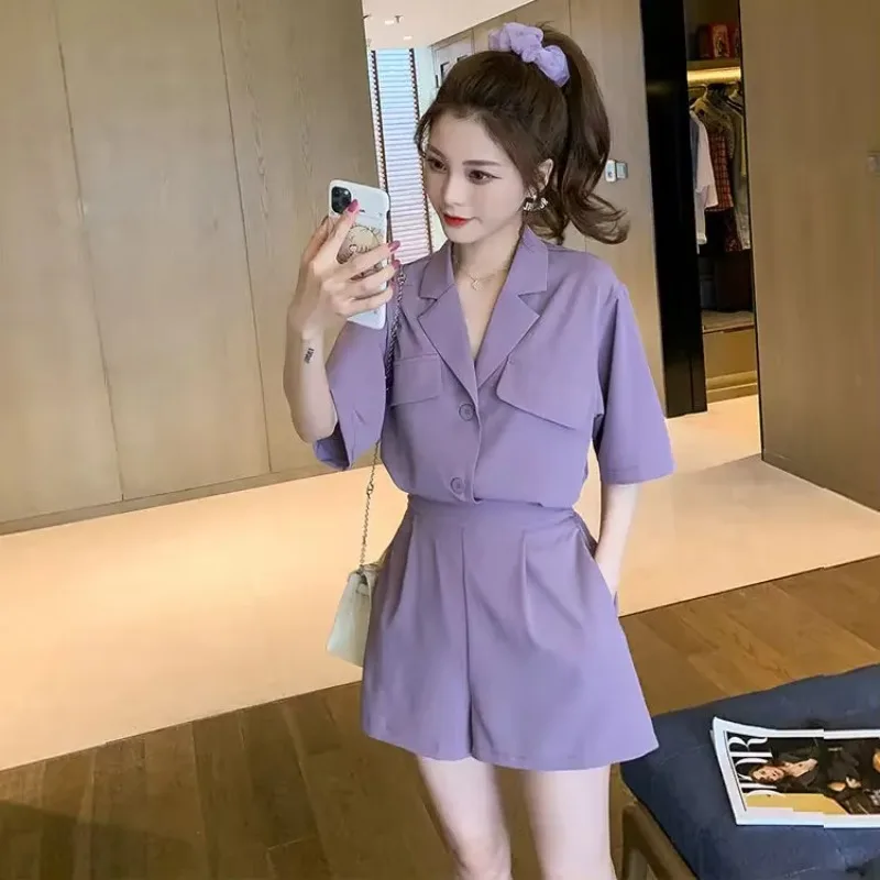 New Summer Loose Korean Fashion Small Suit Purple Cardigan Short Sleeve + Shorts Two-piece Suit