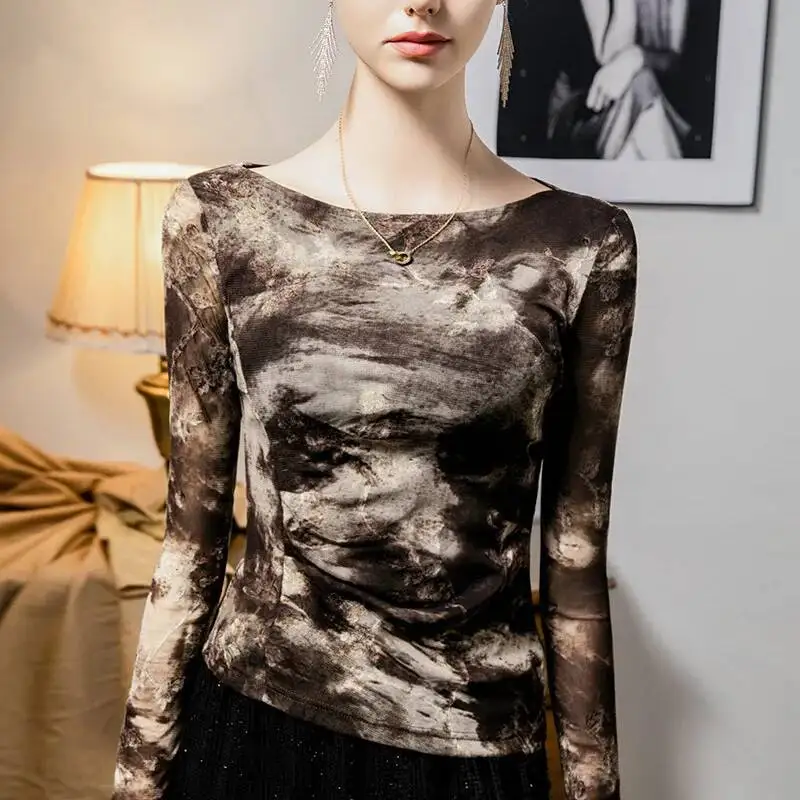 # 4285 Batik-Mesh-Langarmshirt für Damen mit Rundhalsausschnitt, Sexy Elastisches Kurzarm-T-Shirt, Vintage Split-Joint Streetwear T-Shirt