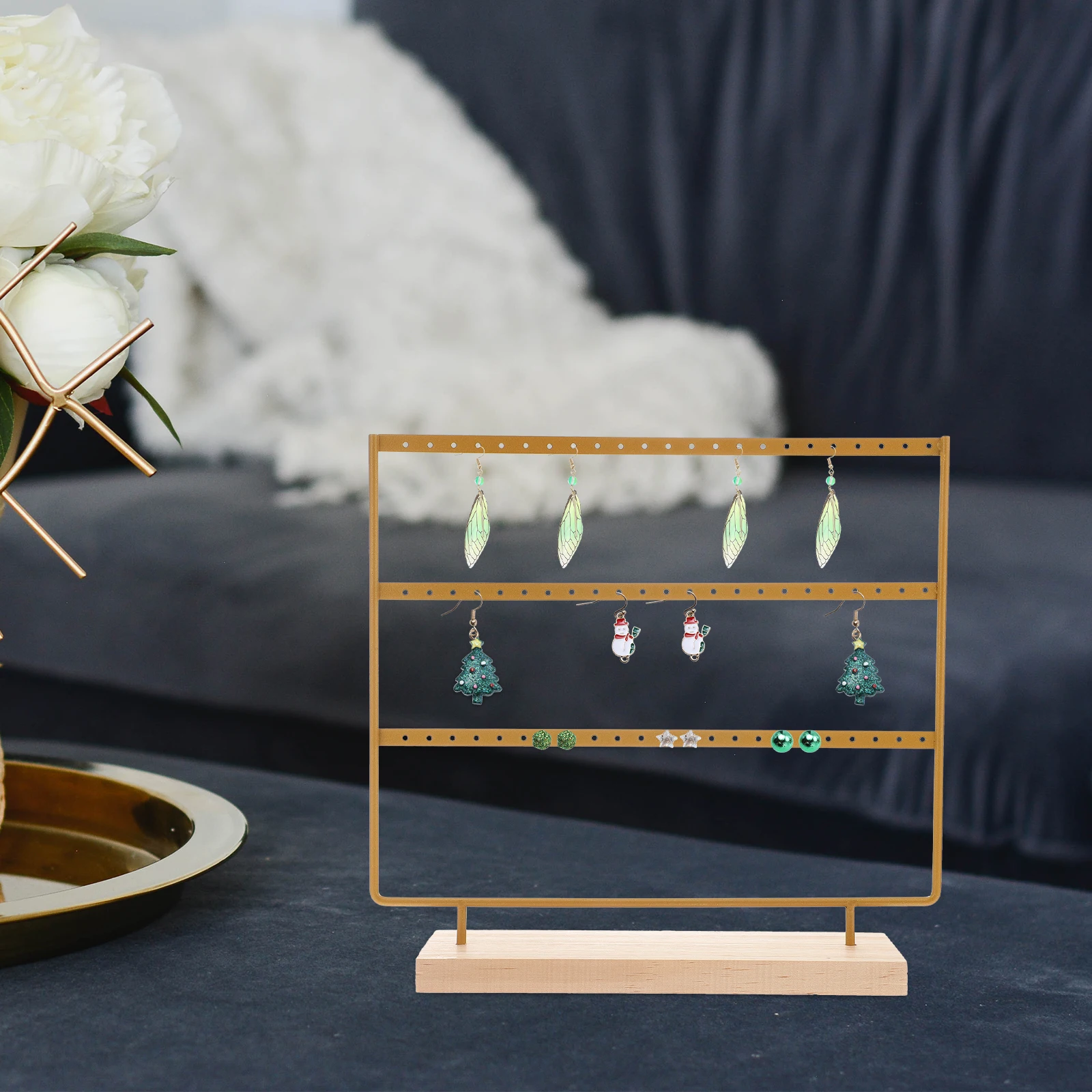 

Earring Display Jewelry Holder Wood Base 3 Layers Iron Jewelry Display Stand Golden Iron Rack Shop ganization Storage