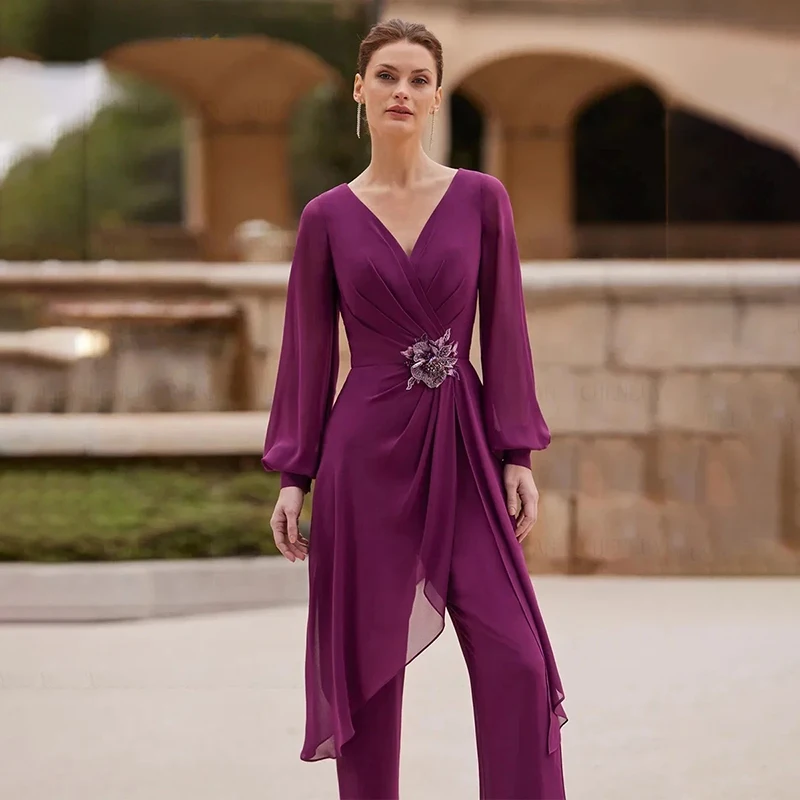 

Elegant V-Neck Chiffon Mother of the Bride for Wedding Long Sleeved Asymmetric Hem Evening Dress Set New Customized 2025