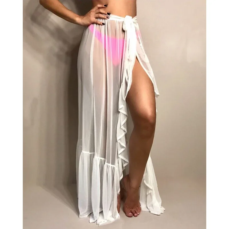 Combhasaki Donna Mesh Sheer Beach Holiday Ruffled Protezione solare Bikini Cover Up Wrap Cintura con fiocco annodato Gonna lunga Vacanze estive