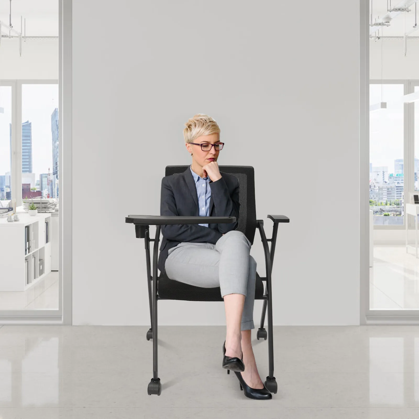 

Conference Room Chair, Foldable, Ergonomic Backrest, With Wheels, Tablet, Comfortable, For Office, School, Church