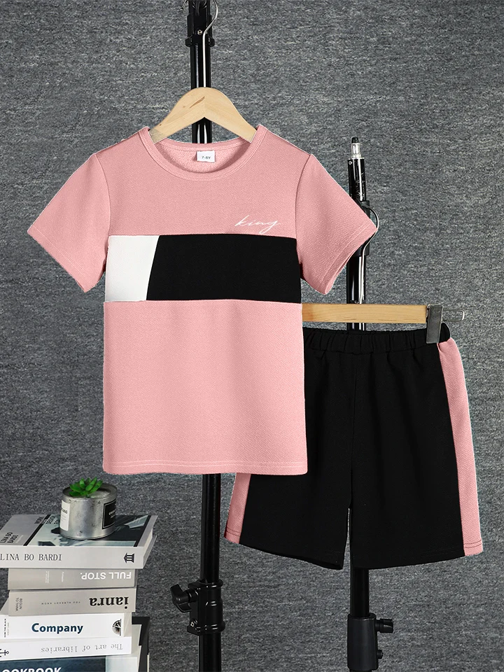 2-teiliges Set für Jungen, lässiges Outfit, Farbblock-Kurzarm-T-Shirt und Shorts, bequeme Sommer-Kinderkleidung, 8 Farben für Alter 7–15 Jahre – Detail 16
