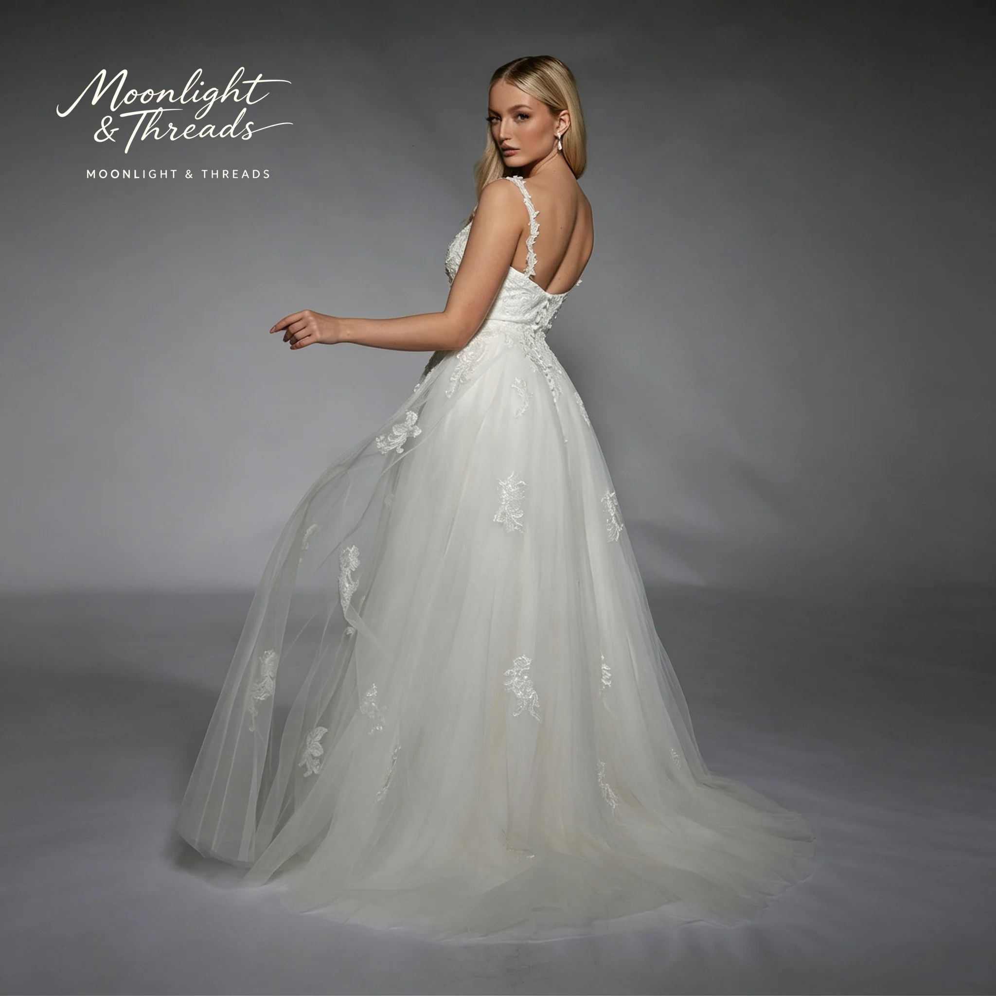 White halter-neck sleeveless tulle dress floor-length formal occasion wedding gown lace embroidery backless design view 3