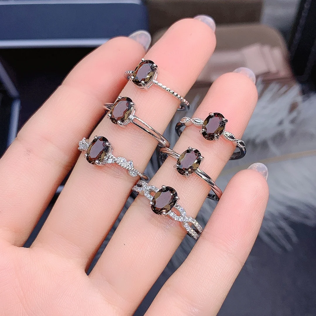 

925 Sterling Silver Gemstone Rings Oval Cut Natural Smoky Quartz Ring For Women Fine Jewelry