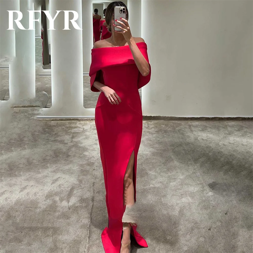 RFYR Red Evening Gown Trumpet Strapless Prom Dress Off The Shoulder Pleats Stain Evening Dress with Side Slit robes de soirée