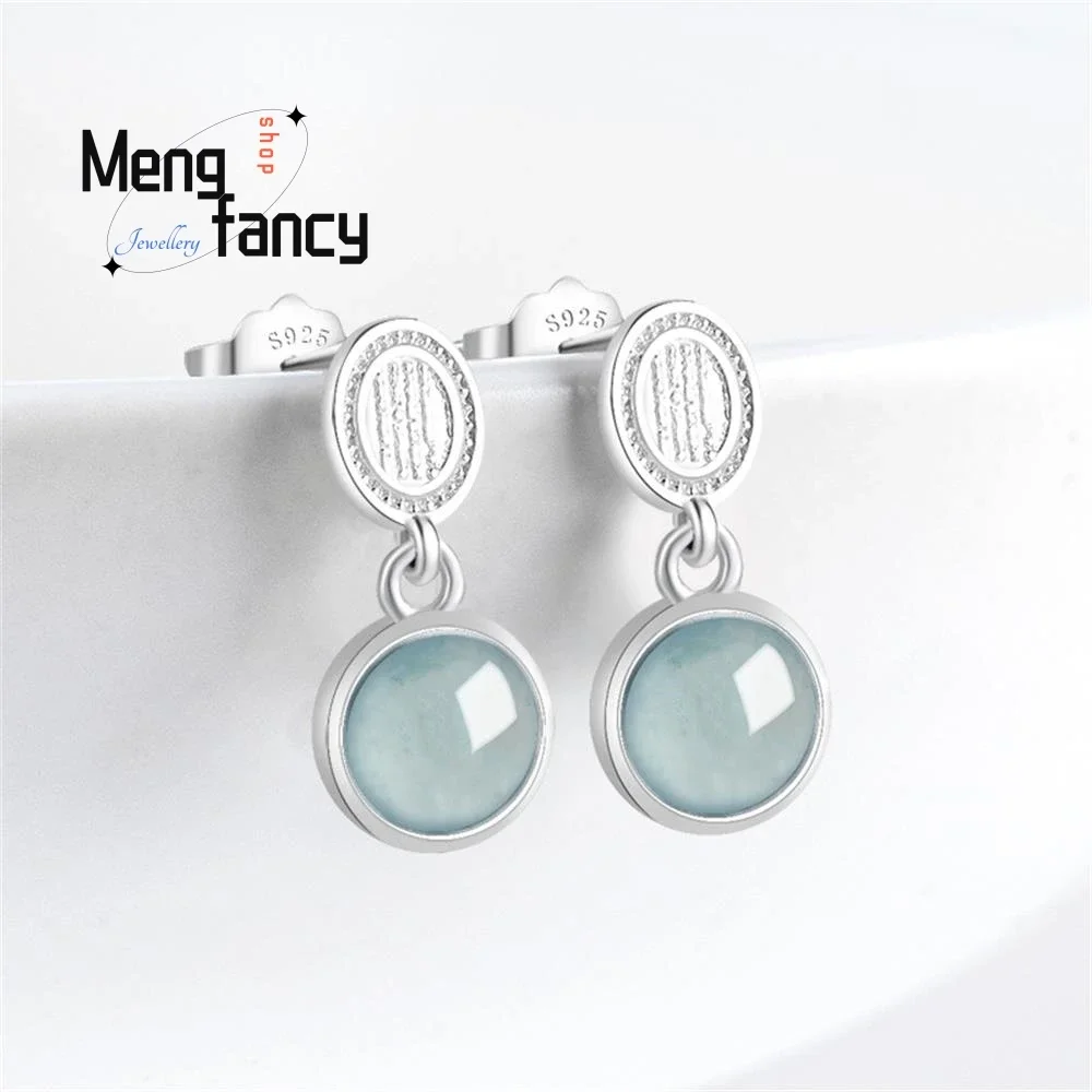 

Natural A-goods Jadeite Blue Water Egg Face S925 Silver Inlaid Fashion High-grade Female Models Ice Jade Earrings Luxury Jewelry