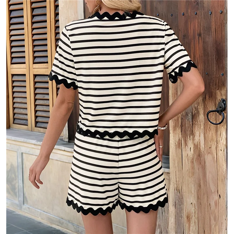 A83F-Womens 2 Piece Lounge Set Striped Outfits Short Sleeve Tops And Shorts Summer Matching Sets