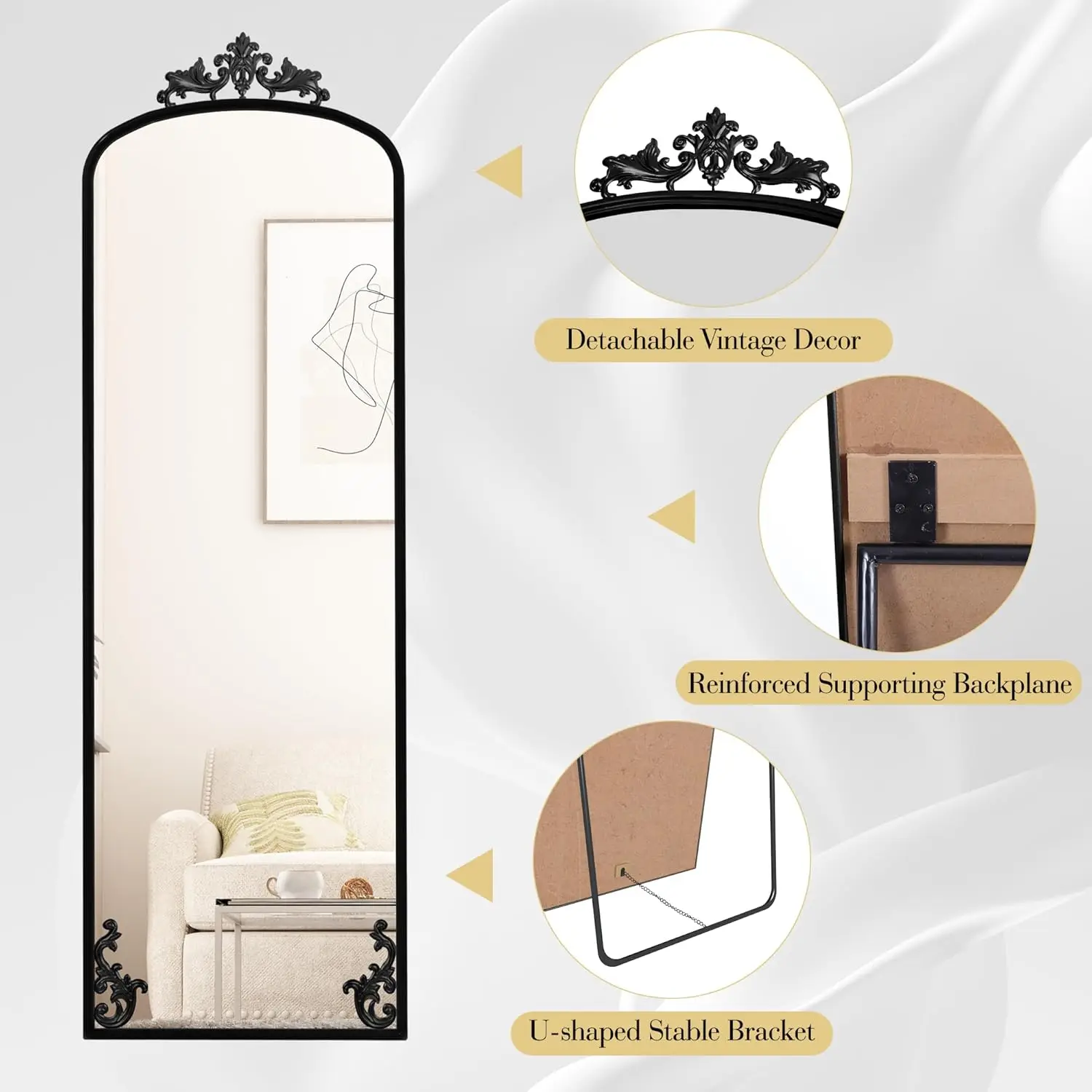 Mirror Full Length with Stand, 65" x 21" Black Floor Length Mirror with Carved Metal Frame, Full Body Wall Mirror for Home Decor