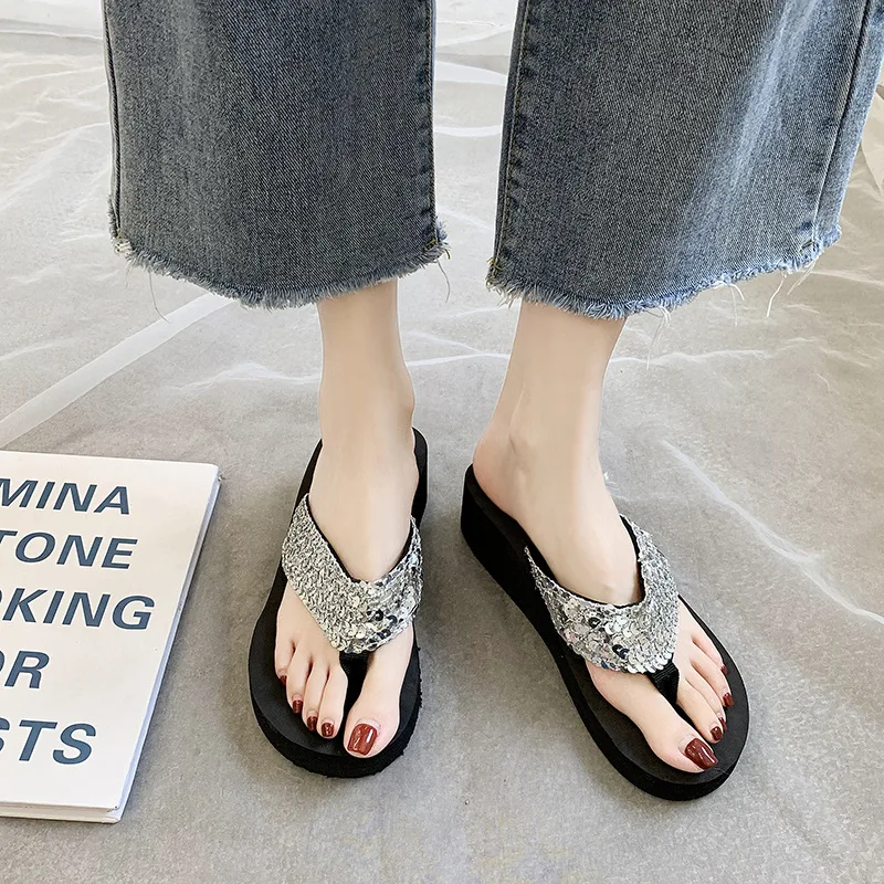 Women Flip Flops Slippers Beach Sandals Sequins Bling Shoes For Women 2024 Wedges Platform Slippers Female Shoes Slide Zapatos