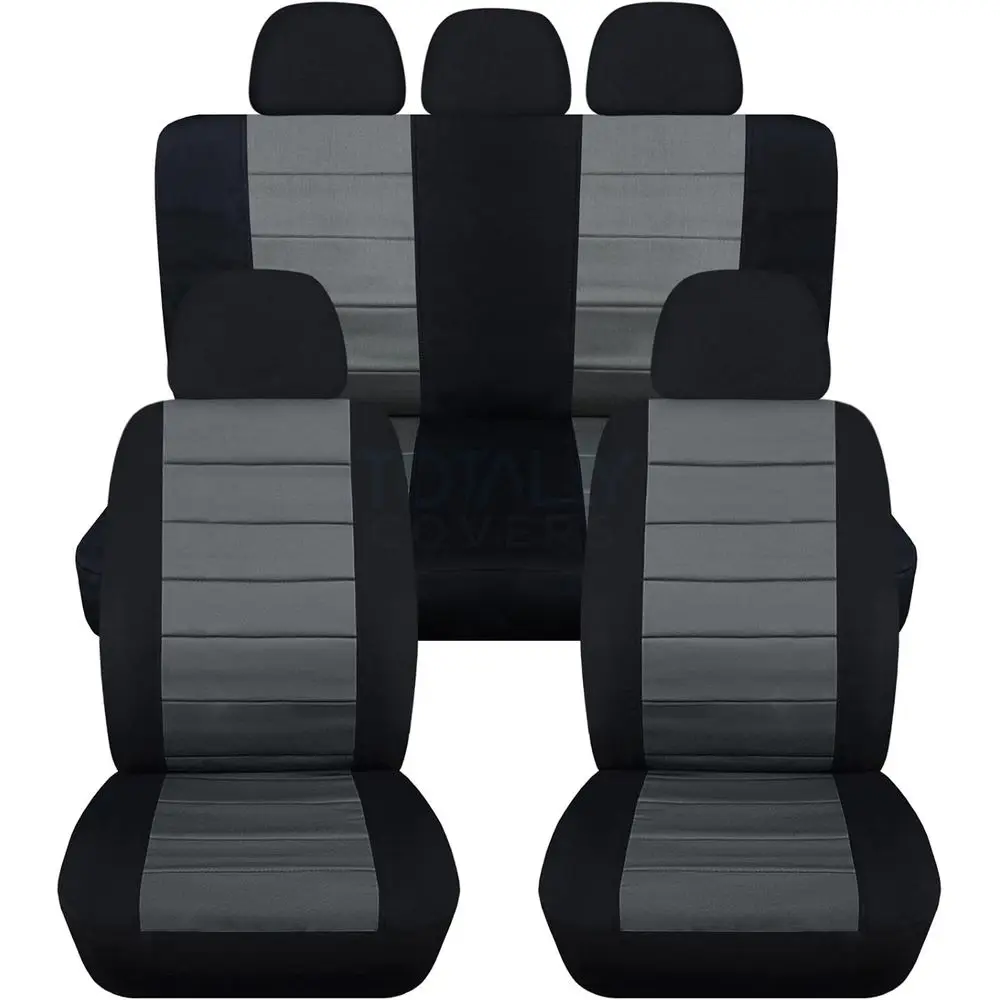 

Двухцветные чехлы для автомобильных сидений (5 шт. - 2 передних + 3 задних): черный и угольно-серый. Полный комплект для ковшеобразных сидений и сидений-скамеек, с опцией ремней безопасности/подлокотников.