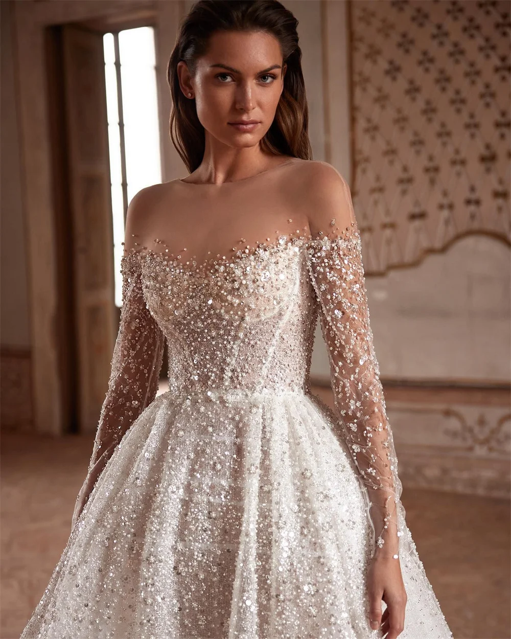 Luxury a Line Wedding Dresses Sexy Illusion Neck Long Sleeves Bridal Gown Graceful Beads Pearls Sequins Designer Gowns