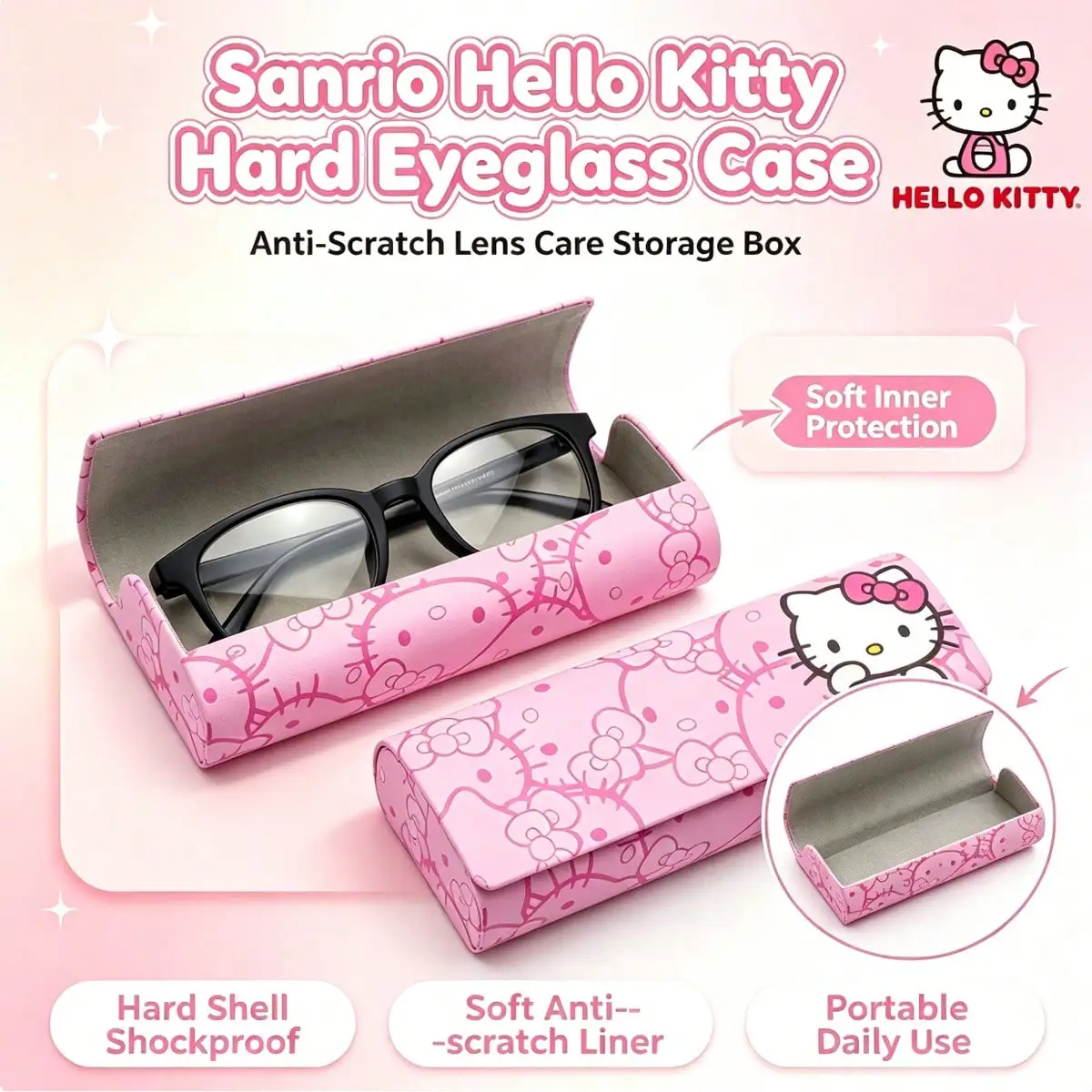 Hello Kitty Hard Glasses Case,Cute Cartoon Print Eyeglasses Storage Box,Portable Anti Shock Sunglasses Protective Women & Girls