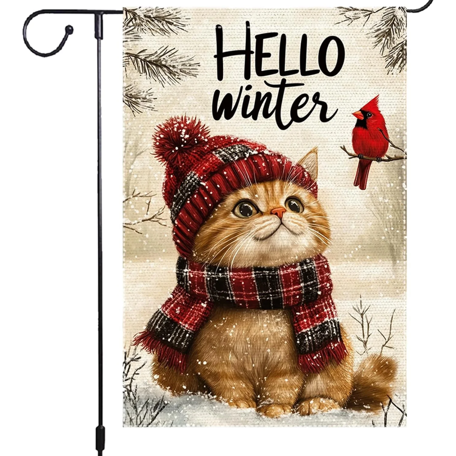 12x18 Inch  Garden Flag Winter Decor with Cute Cat and Cardinal Print for Front Porch Yard Outdoor Christmas Holiday Decoration