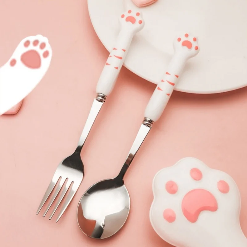 Cute Cat Paw Cutlery Set Stainless Steel Fork Spoon with Storage Box Dinnerware Tableware Silverware Lunch Bento Accessories